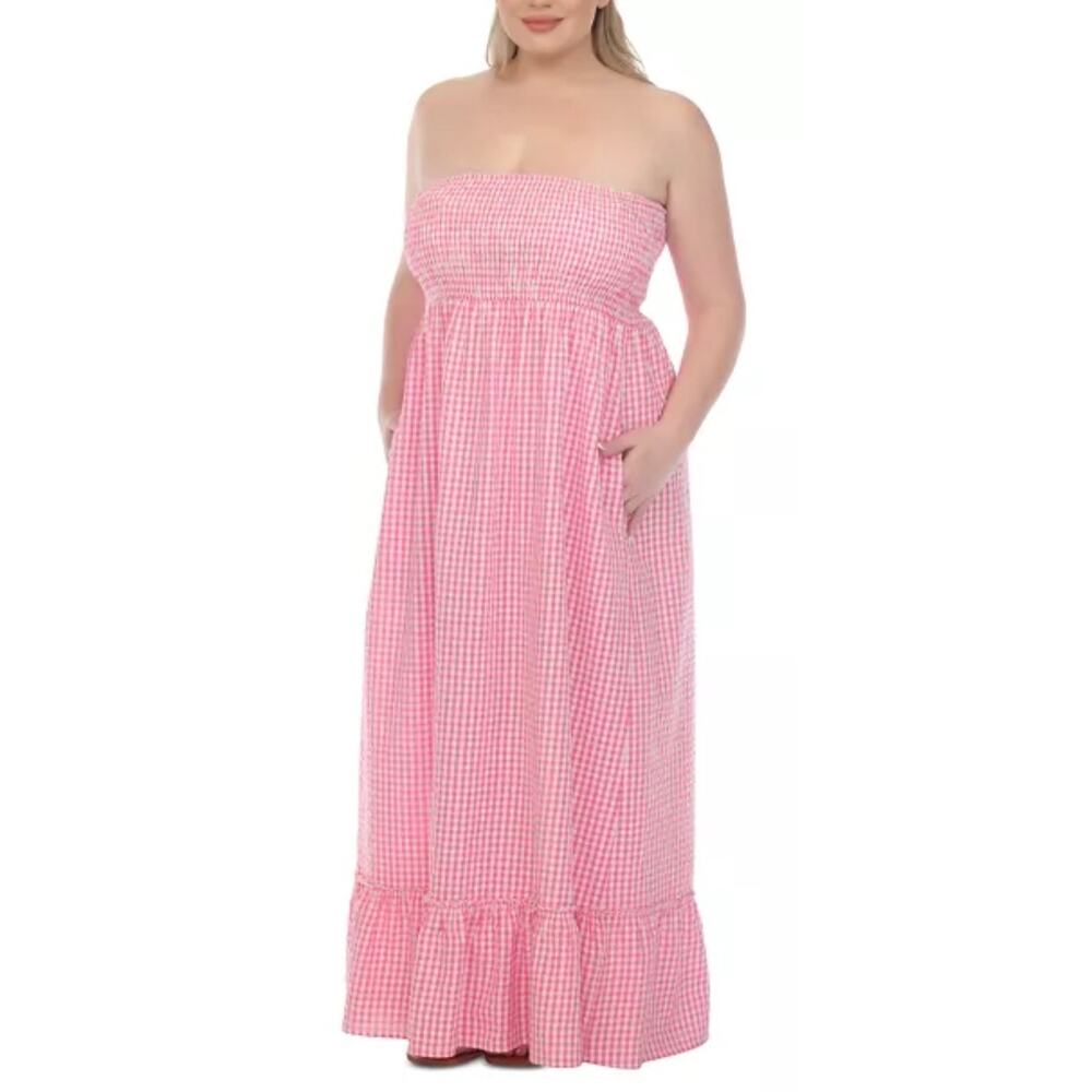 Raviya Pink Gingham Strapless Cover Up Maxi Dress L NWT - Picture 3 of 7